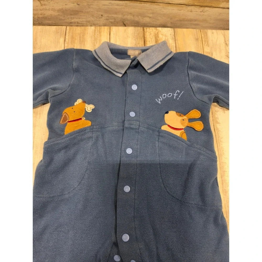 Carters Blue Dog Applique Snap Front Romper XL 9-12M Long Sleeve Cotton‎
